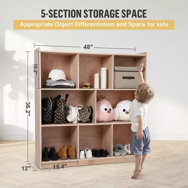 Mobiletto Contenitore con Scomparti, Scaffale in Legno Massello con Scomparti per Libri per Bambini, Organizzatore Contenitore con 4 Ruote, 2 Scatole Contenitore per Casa/Scuola