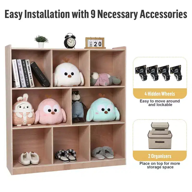 Mobiletto Contenitore con Scomparti, Scaffale in Legno Massello con Scomparti per Libri per Bambini, Organizzatore Contenitore con 4 Ruote, 2 Scatole Contenitore per Casa/Scuola