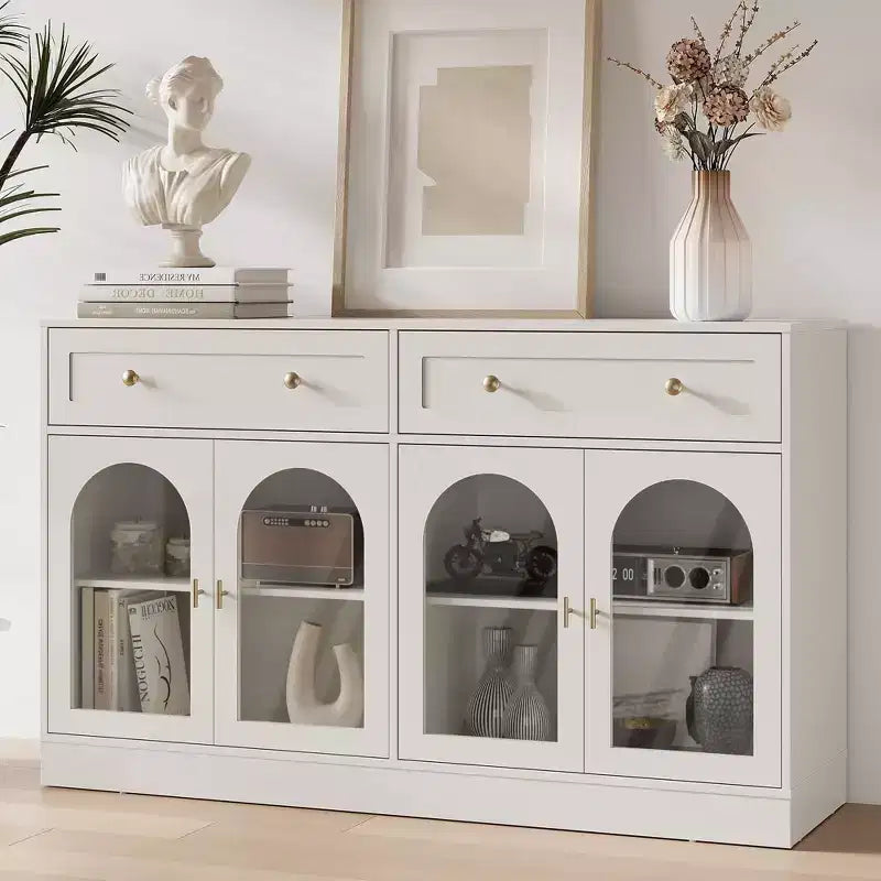 Credenza con ripiani regolabili e 4 ante, madia da cucina con 2 cassetti, mobile bar in legno, bianco