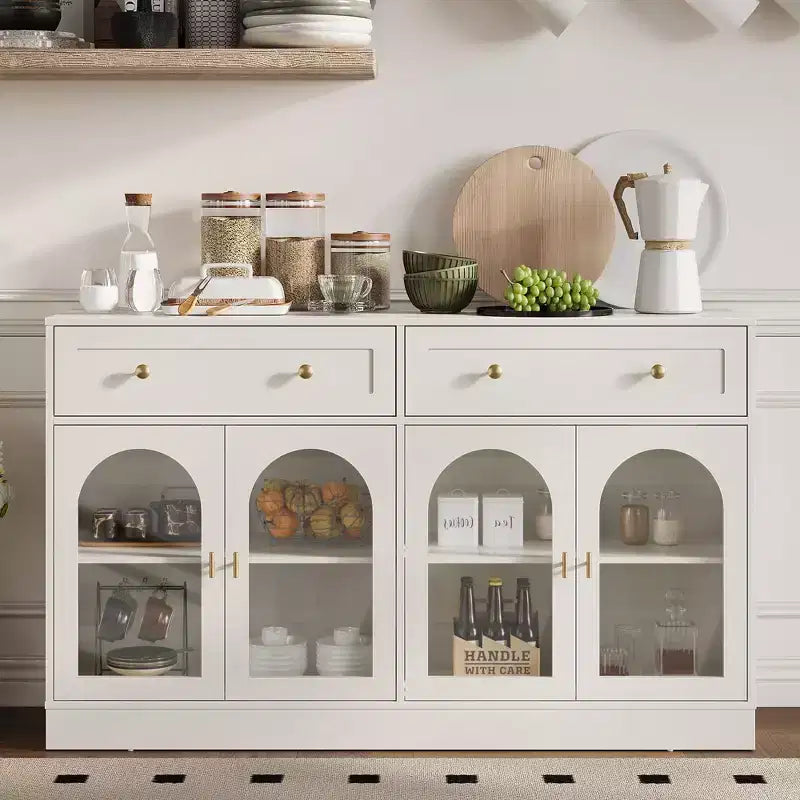 Credenza con ripiani regolabili e 4 ante, madia da cucina con 2 cassetti, mobile bar in legno, bianco