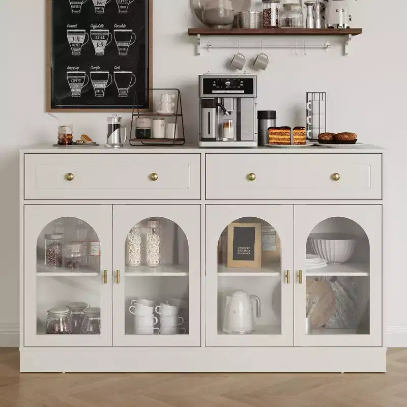Credenza con ripiani regolabili e 4 ante, madia da cucina con 2 cassetti, mobile bar in legno, bianco