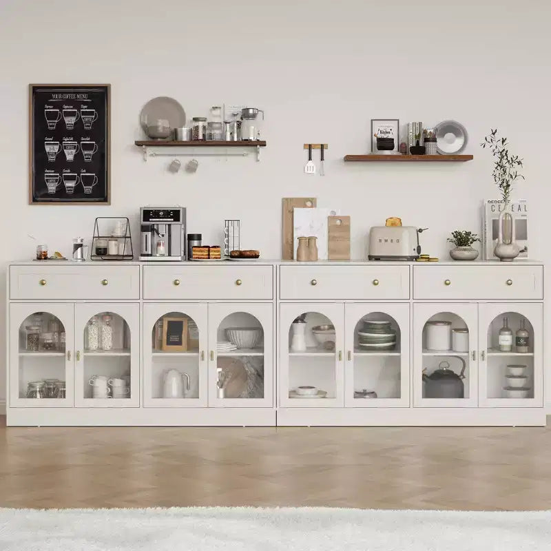 Credenza con ripiani regolabili e 4 ante, madia da cucina con 2 cassetti, mobile bar in legno, bianco