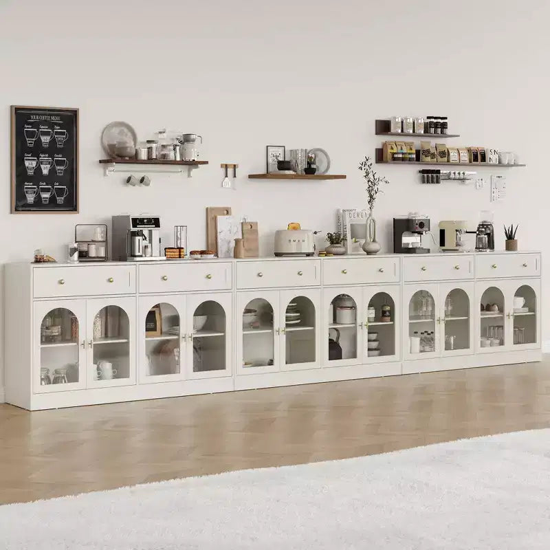 Credenza con ripiani regolabili e 4 ante, madia da cucina con 2 cassetti, mobile bar in legno, bianco