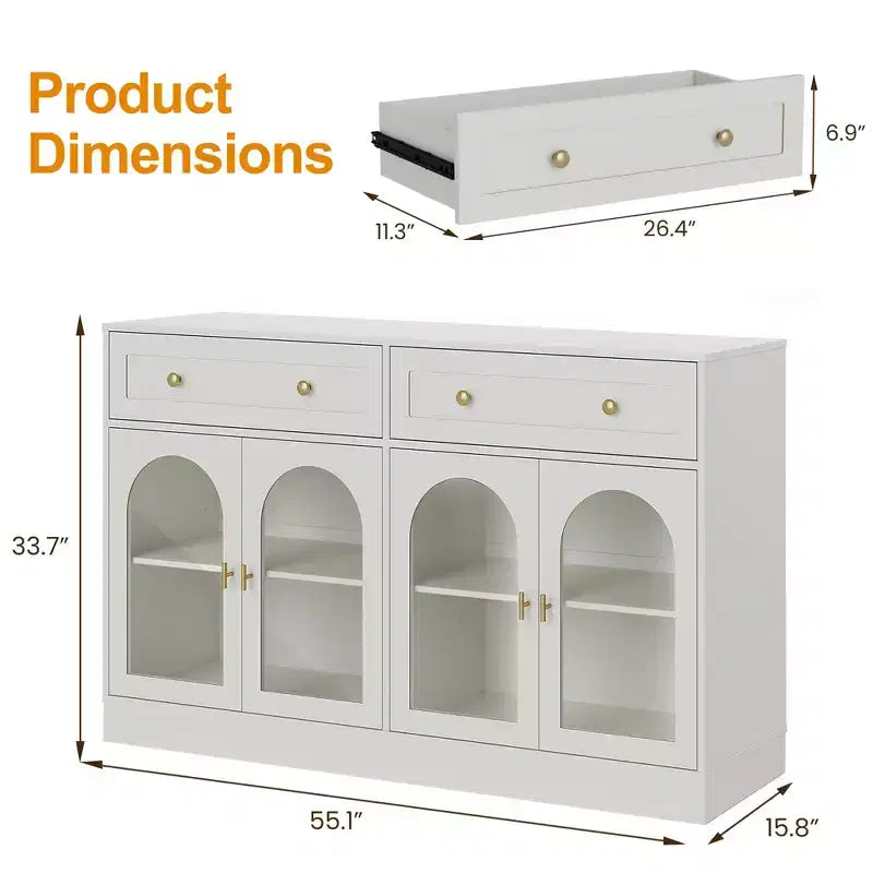 Credenza con ripiani regolabili e 4 ante, madia da cucina con 2 cassetti, mobile bar in legno, bianco