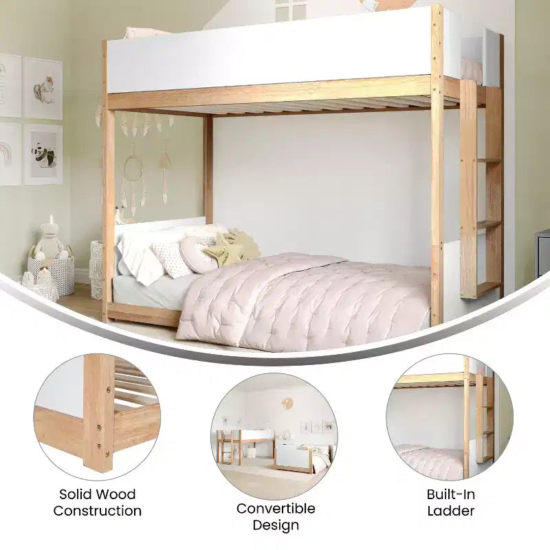 Letto a castello per bambini convertibile, struttura in legno massello e scaletta facile da salire senza bisogno di rete a molle