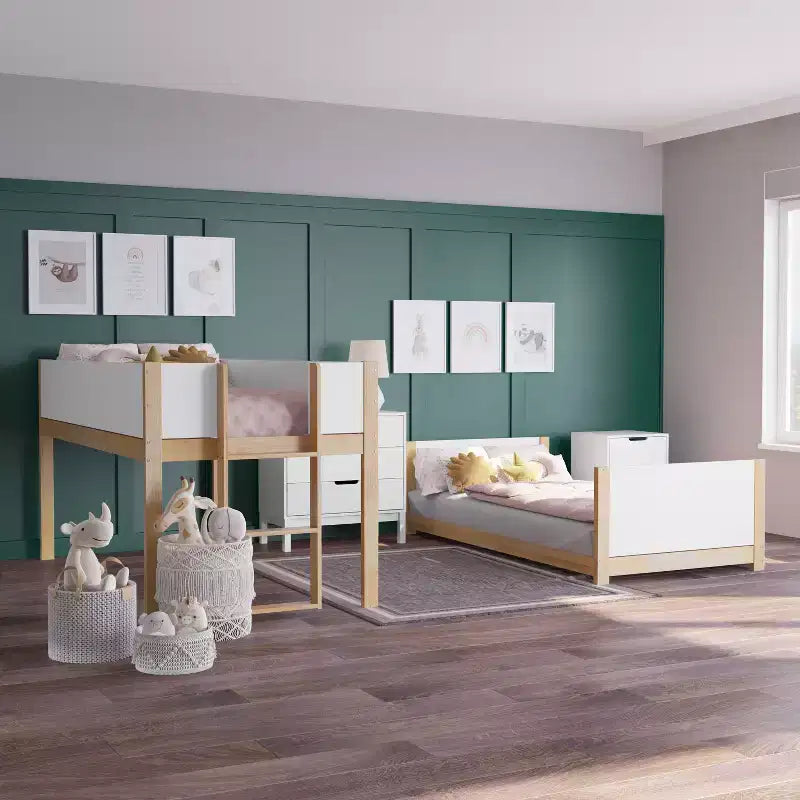 Letto a castello per bambini convertibile, struttura in legno massello e scaletta facile da salire senza bisogno di rete a molle