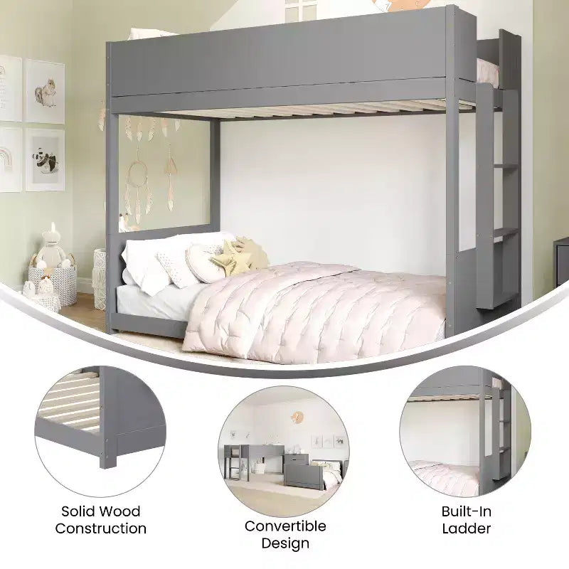 Letto a castello per bambini convertibile, struttura in legno massello e scaletta facile da salire senza bisogno di rete a molle