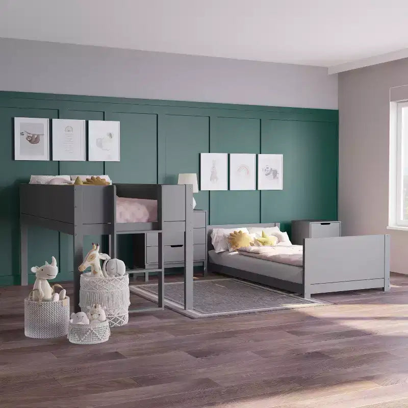 Letto a castello per bambini convertibile, struttura in legno massello e scaletta facile da salire senza bisogno di rete a molle