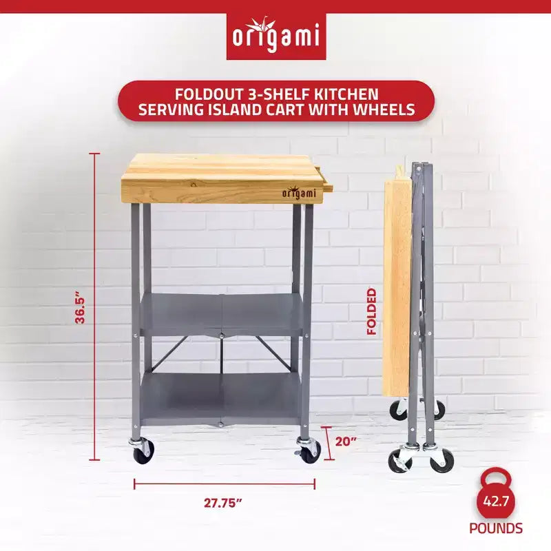 Carrello da Cucina Pieghevole Origami, Carrello di Servizio con Ruote e Ripiani, Tavolo da Lavoro Portatile per Cucina, Sala da Pranzo e Patio