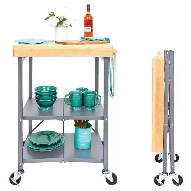 Carrello da Cucina Pieghevole Origami, Carrello di Servizio con Ruote e Ripiani, Tavolo da Lavoro Portatile per Cucina, Sala da Pranzo e Patio