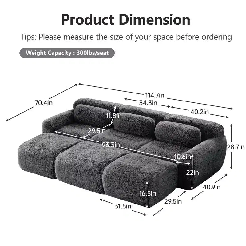 Divano componibile a 3 posti con pouf, schiuma HD 32D, nessun montaggio richiesto, base antiscivolo, per soggiorno/home theater