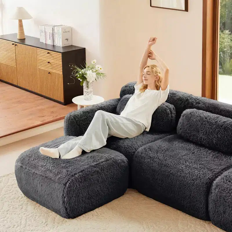 Divano componibile a 3 posti con pouf, schiuma HD 32D, nessun montaggio richiesto, base antiscivolo, per soggiorno/home theater