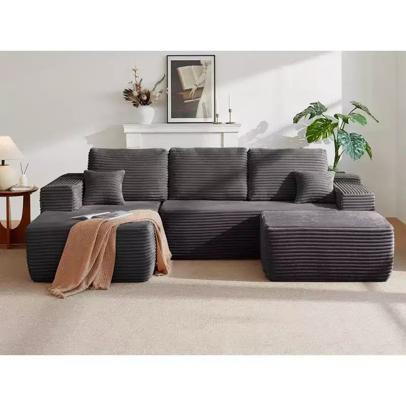 Divano Componibile "Cloud" da 104", a U, Seduta Profonda, Tasche Laterali, Tessuto Felpato, Nessun Montaggio, Grigio, Lato Sinistro