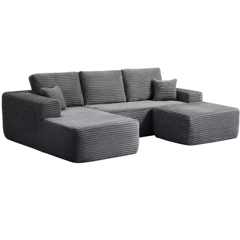 Divano Componibile "Cloud" da 104", a U, Seduta Profonda, Tasche Laterali, Tessuto Felpato, Nessun Montaggio, Grigio, Lato Sinistro