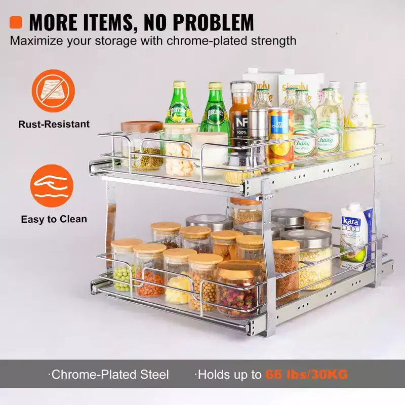 Scaffali estraibili a 2 livelli 20W21D, cassetti estraibili in acciaio cromato resistente, sotto lavello/cucina/bagno