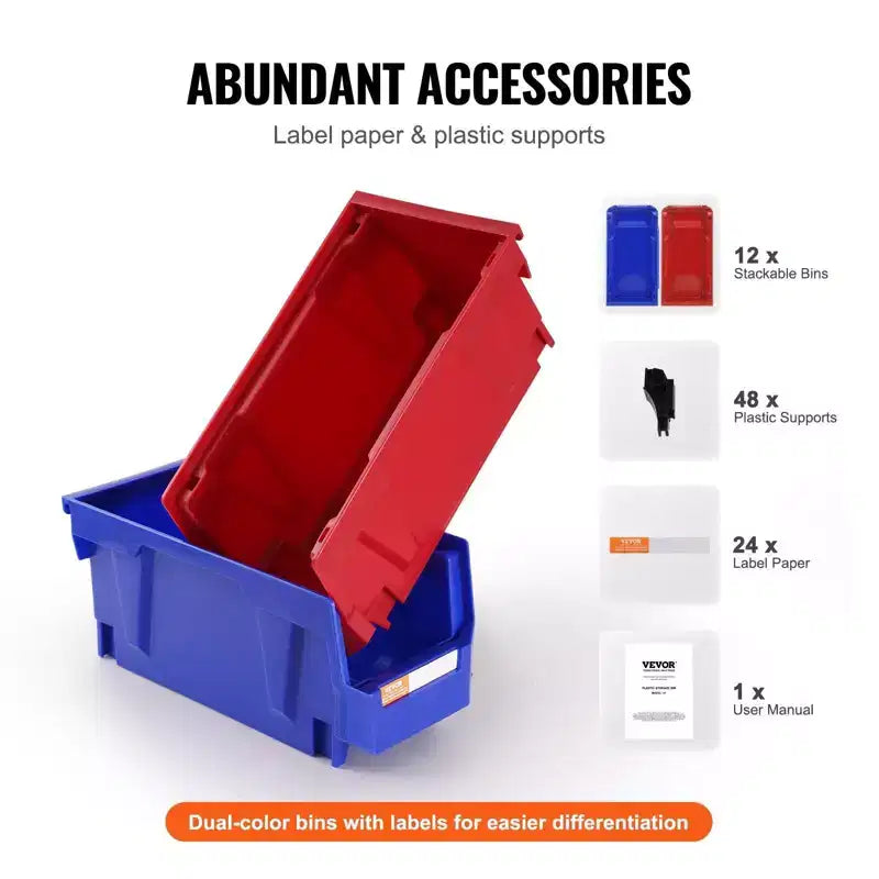 12 Contenitori in Plastica da 29 cm, Impilabili e Appesi, Resistenti, Blu/Rosso, per Cucina/Armadio/Dispensa/Ufficio