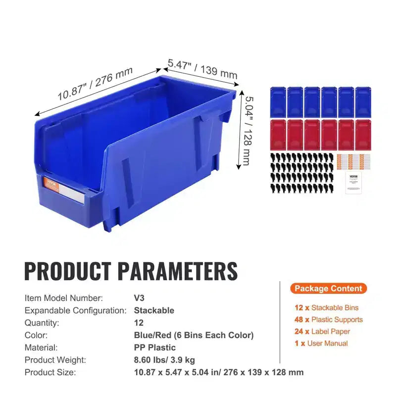 12 Contenitori in Plastica da 29 cm, Impilabili e Appesi, Resistenti, Blu/Rosso, per Cucina/Armadio/Dispensa/Ufficio