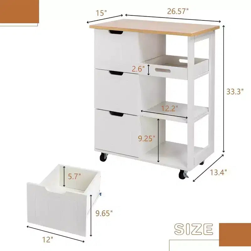 Carrello da Cucina con Isola e Contenitore, Armadietto su Ruote, Tavolo Laterale su Ruote, 3 Ripiani Aperti e Cassetti per Cucina