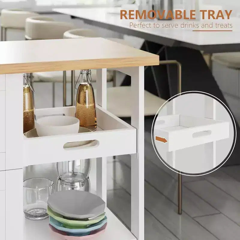 Carrello da Cucina con Isola e Contenitore, Armadietto su Ruote, Tavolo Laterale su Ruote, 3 Ripiani Aperti e Cassetti per Cucina