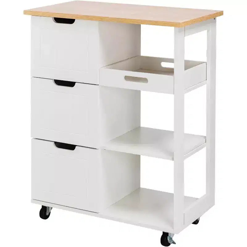 Carrello da Cucina con Isola e Contenitore, Armadietto su Ruote, Tavolo Laterale su Ruote, 3 Ripiani Aperti e Cassetti per Cucina