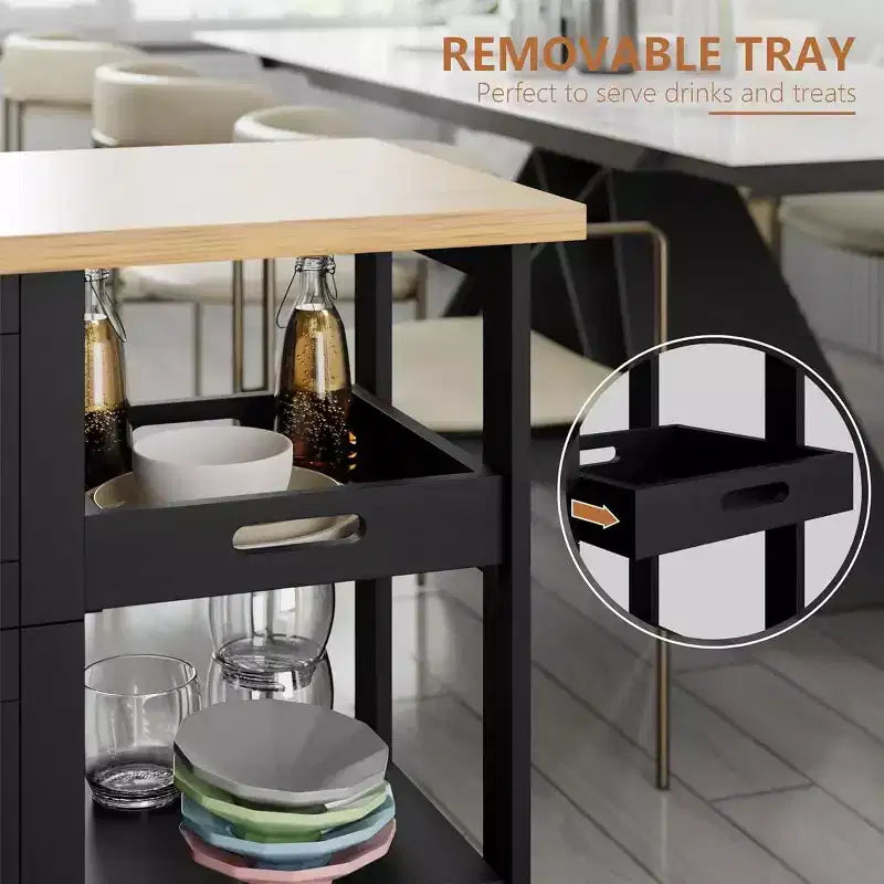 Carrello da Cucina con Isola e Contenitore, Armadietto su Ruote, Tavolo Laterale su Ruote, 3 Ripiani Aperti e Cassetti per Cucina