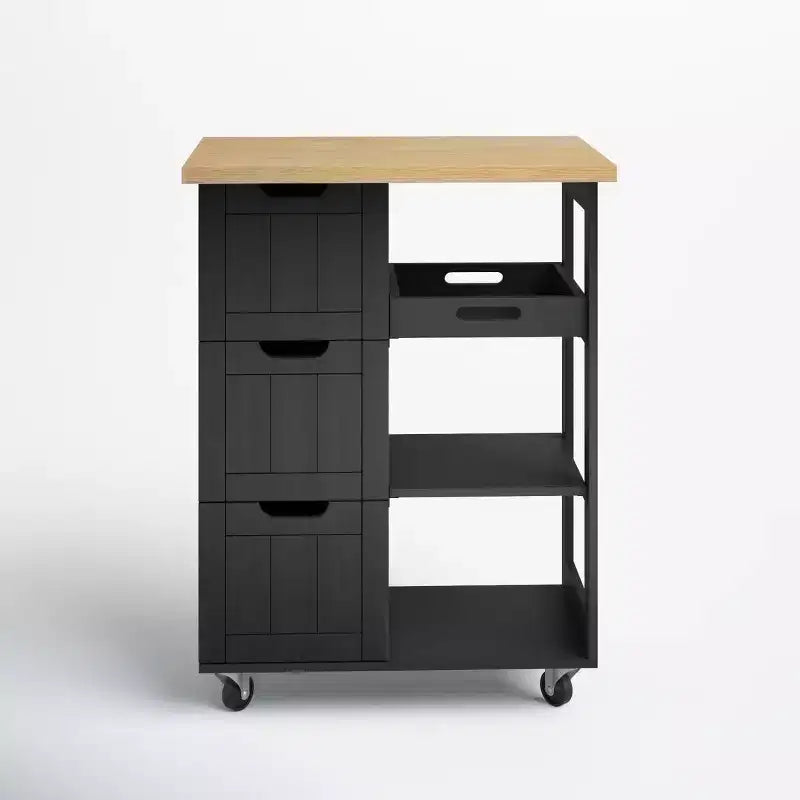 Carrello da Cucina con Isola e Contenitore, Armadietto su Ruote, Tavolo Laterale su Ruote, 3 Ripiani Aperti e Cassetti per Cucina