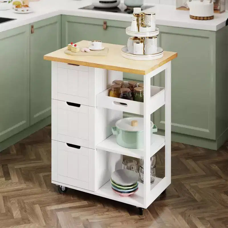 Carrello da Cucina con Isola e Contenitore, Armadietto su Ruote, Tavolo Laterale su Ruote, 3 Ripiani Aperti e Cassetti per Cucina
