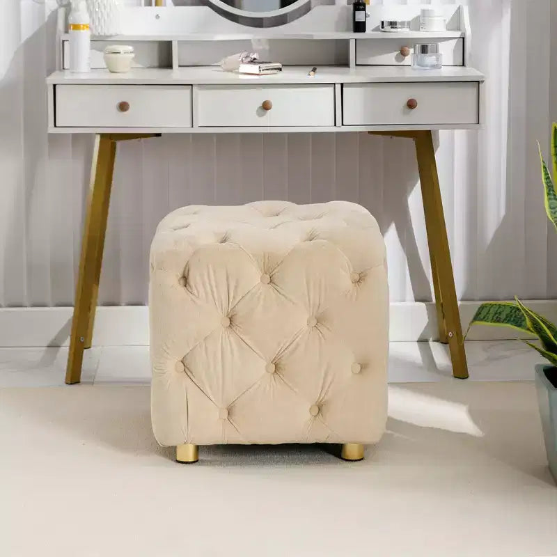 Pouf moderno a cubo da 45 cm con rivestimento in velluto, piccolo sgabello da trucco con struttura in legno, pouf per soggiorno, camera da letto, ingresso