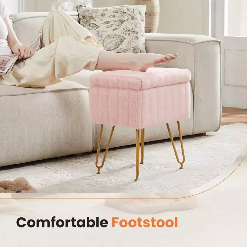 Moderno Pouf Contenitore in Finta Pelliccia, Poggiapiedi con Gambe in Metallo Antiscivolo, Panca Contenitore Rettangolare per Soggiorno, Ingresso