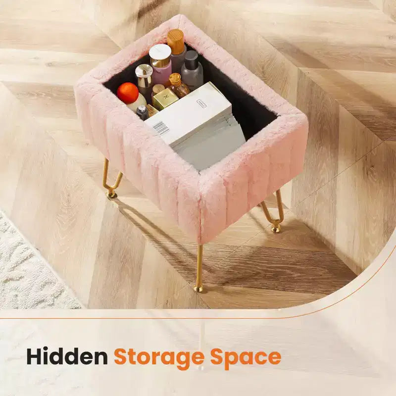 Moderno Pouf Contenitore in Finta Pelliccia, Poggiapiedi con Gambe in Metallo Antiscivolo, Panca Contenitore Rettangolare per Soggiorno, Ingresso