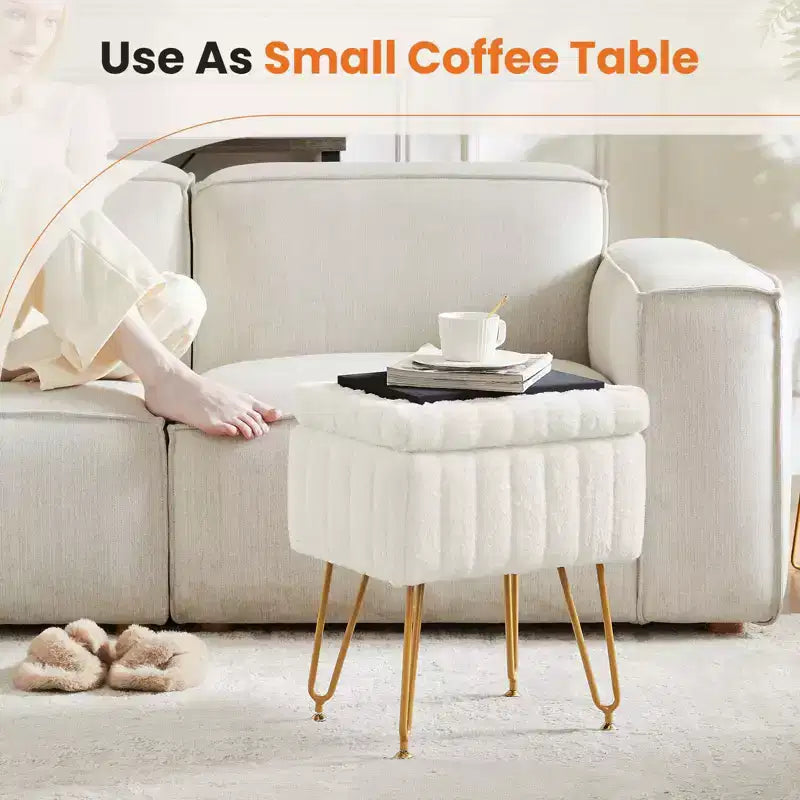 Moderno Pouf Contenitore in Finta Pelliccia, Poggiapiedi con Gambe in Metallo Antiscivolo, Panca Contenitore Rettangolare per Soggiorno, Ingresso