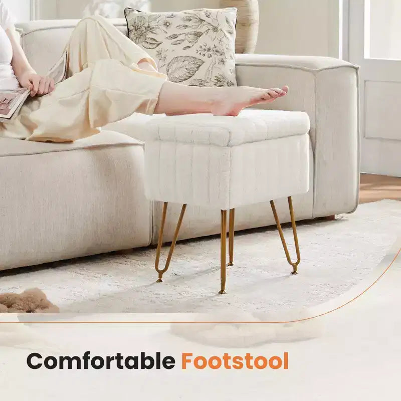 Moderno Pouf Contenitore in Finta Pelliccia, Poggiapiedi con Gambe in Metallo Antiscivolo, Panca Contenitore Rettangolare per Soggiorno, Ingresso
