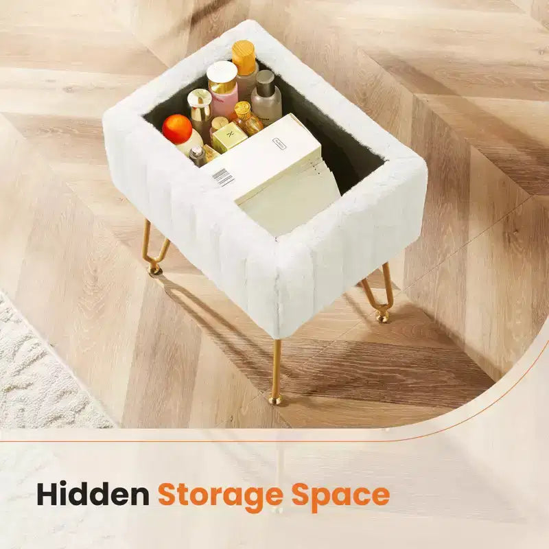 Moderno Pouf Contenitore in Finta Pelliccia, Poggiapiedi con Gambe in Metallo Antiscivolo, Panca Contenitore Rettangolare per Soggiorno, Ingresso