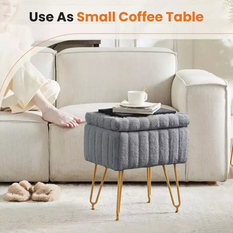 Moderno Pouf Contenitore in Finta Pelliccia, Poggiapiedi con Gambe in Metallo Antiscivolo, Panca Contenitore Rettangolare per Soggiorno, Ingresso