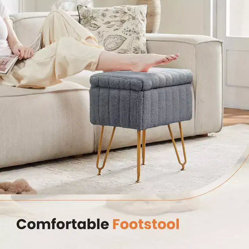 Moderno Pouf Contenitore in Finta Pelliccia, Poggiapiedi con Gambe in Metallo Antiscivolo, Panca Contenitore Rettangolare per Soggiorno, Ingresso