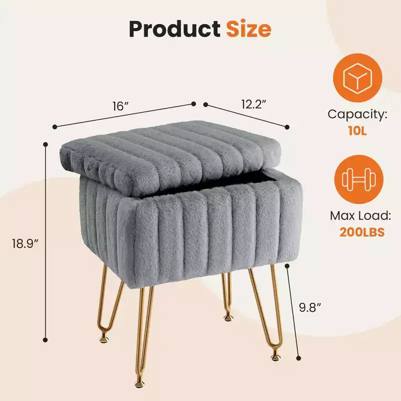Moderno Pouf Contenitore in Finta Pelliccia, Poggiapiedi con Gambe in Metallo Antiscivolo, Panca Contenitore Rettangolare per Soggiorno, Ingresso