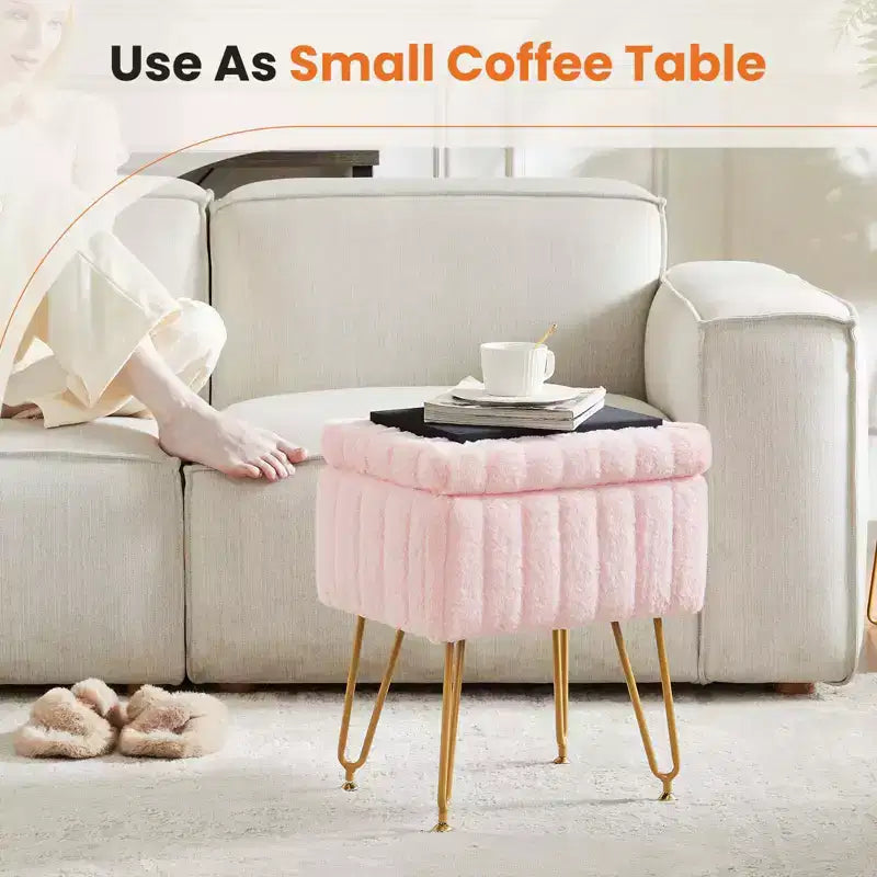 Moderno Pouf Contenitore in Finta Pelliccia, Poggiapiedi con Gambe in Metallo Antiscivolo, Panca Contenitore Rettangolare per Soggiorno, Ingresso