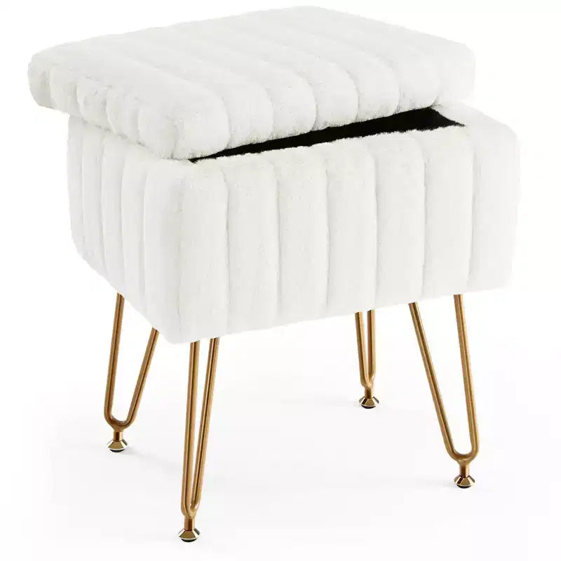 Moderno Pouf Contenitore in Finta Pelliccia, Poggiapiedi con Gambe in Metallo Antiscivolo, Panca Contenitore Rettangolare per Soggiorno, Ingresso