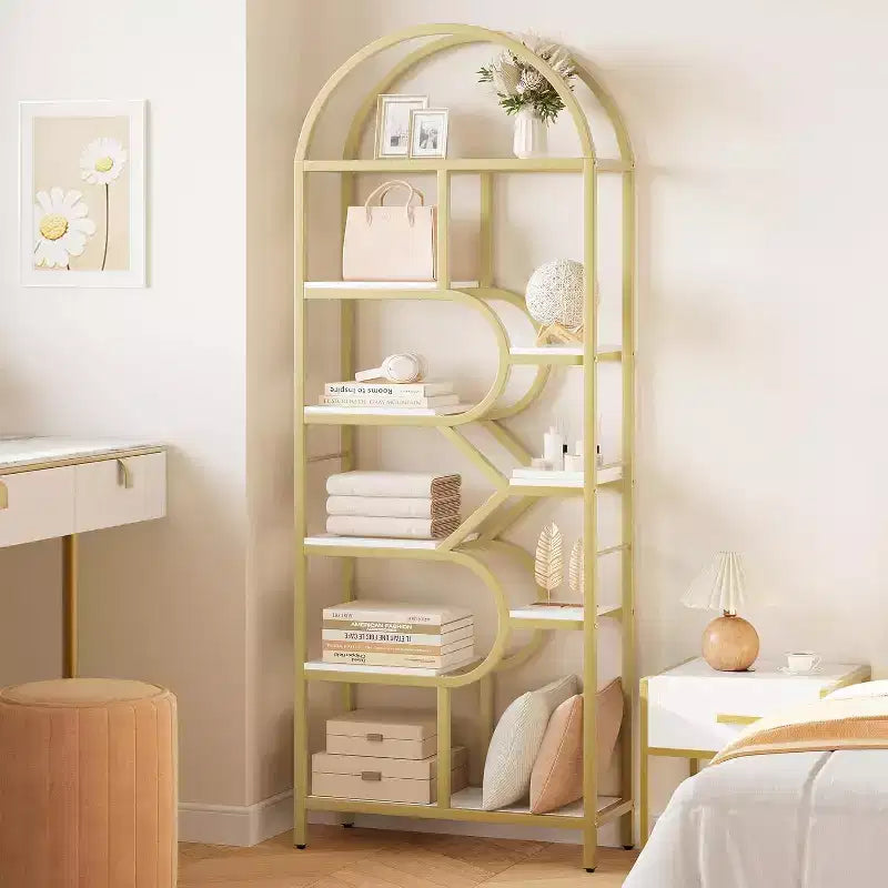 Modern 6-Tier Tall Bookshelf with Arched Geometric Design - 82 Open Storage Display Rack for Home Office and Living Room Organization