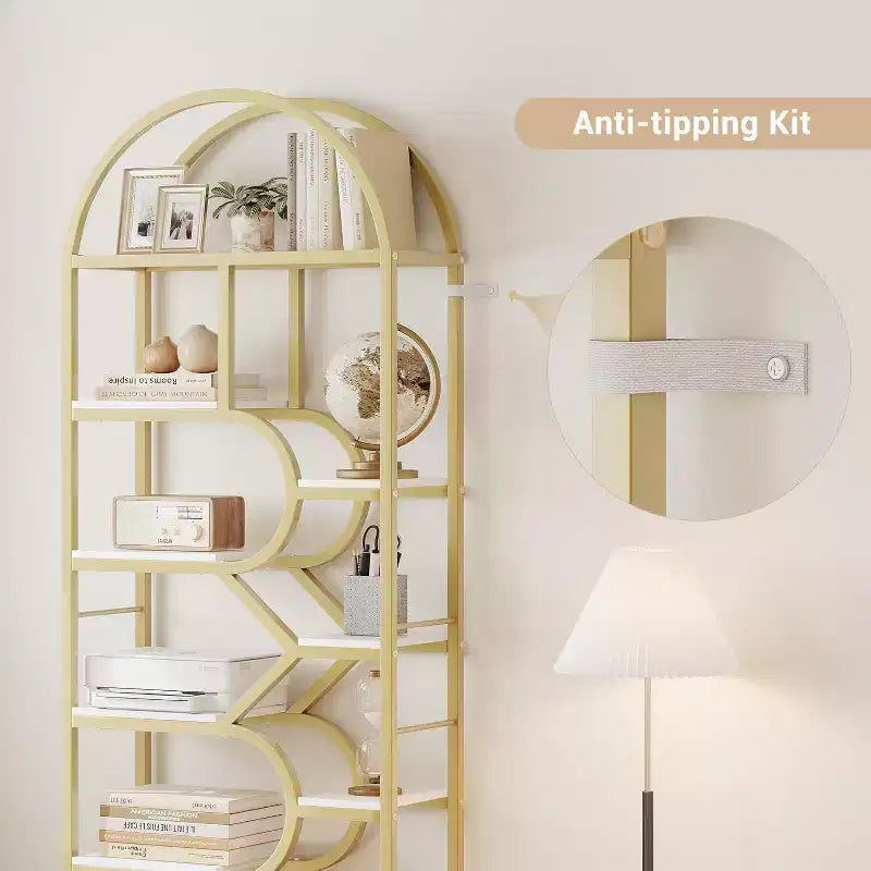 Libreria alta moderna a 6 ripiani con design geometrico ad arco - Scaffale espositivo aperto da 82" per ufficio domestico e organizzazione del soggiorno