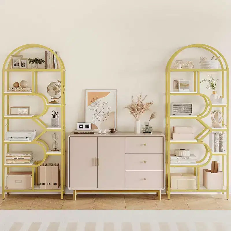 Libreria alta moderna a 6 ripiani con design geometrico ad arco - Scaffale espositivo aperto da 82" per ufficio domestico e organizzazione del soggiorno