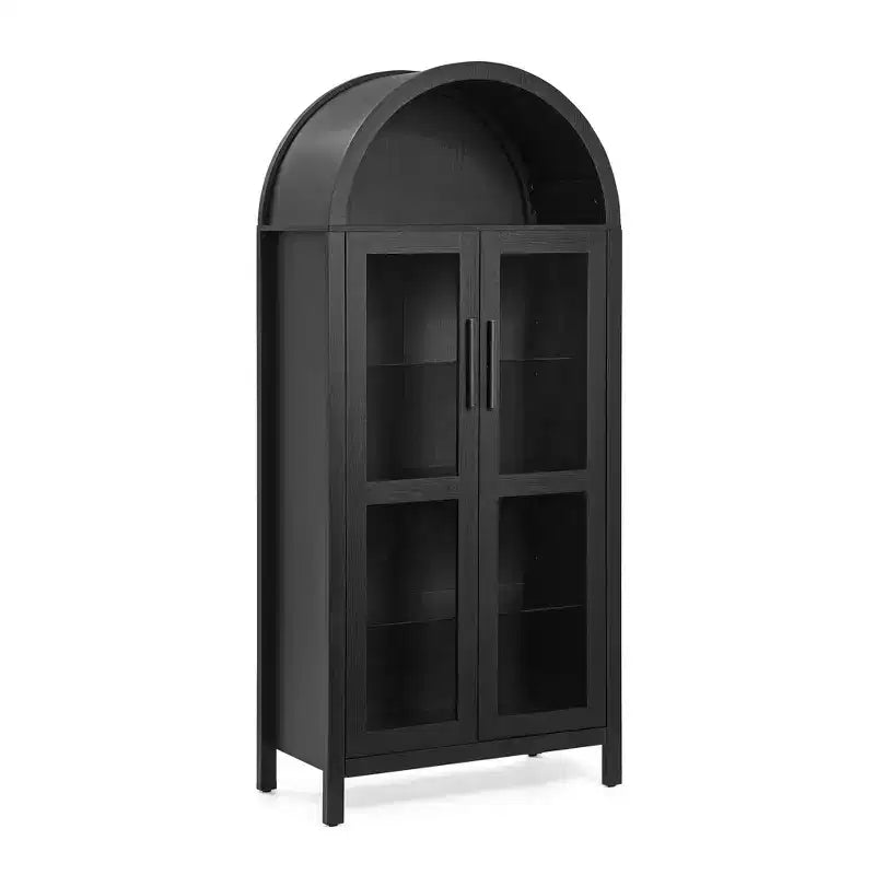 Mobile Contenitore ad Arco Alto con Lampada, Mobile Contenitore Moderno in Legno Stile Retrò con Divisori in Vetro Regolabili Nero