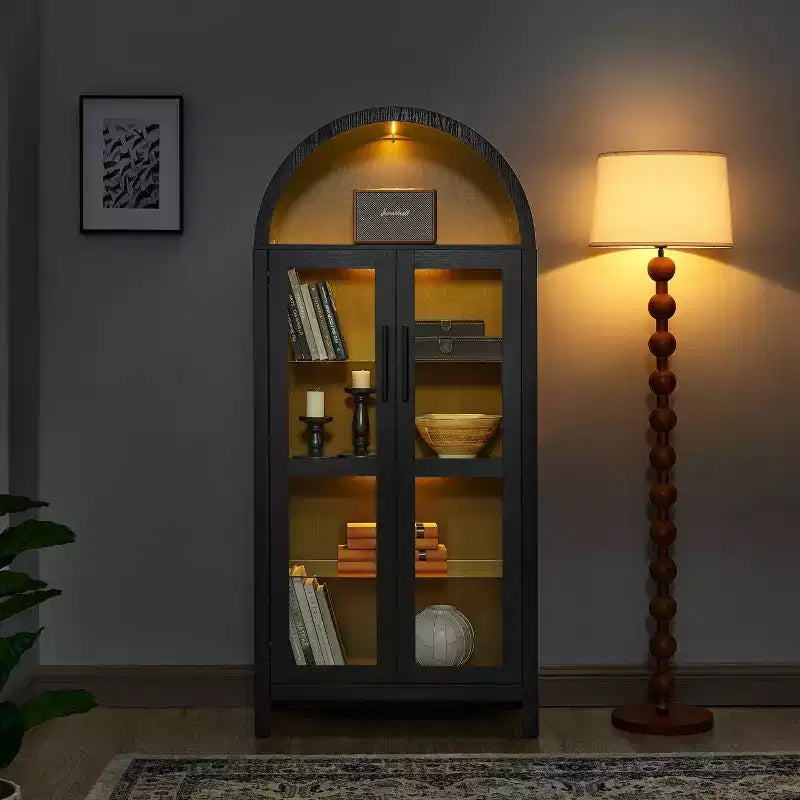 Mobile Contenitore ad Arco Alto con Lampada, Mobile Contenitore Moderno in Legno Stile Retrò con Divisori in Vetro Regolabili Nero
