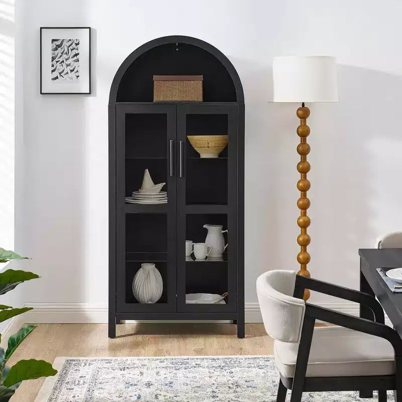 Mobile Contenitore ad Arco Alto con Lampada, Mobile Contenitore Moderno in Legno Stile Retrò con Divisori in Vetro Regolabili Nero