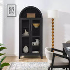 Mobile Contenitore ad Arco Alto con Lampada, Mobile Contenitore Moderno in Legno Stile Retrò con Divisori in Vetro Regolabili Nero