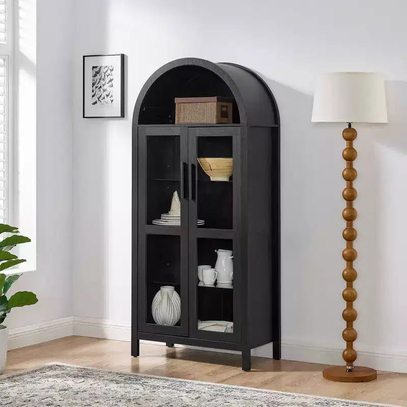 Mobile Contenitore ad Arco Alto con Lampada, Mobile Contenitore Moderno in Legno Stile Retrò con Divisori in Vetro Regolabili Nero