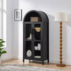Mobile Contenitore ad Arco Alto con Lampada, Mobile Contenitore Moderno in Legno Stile Retrò con Divisori in Vetro Regolabili Nero