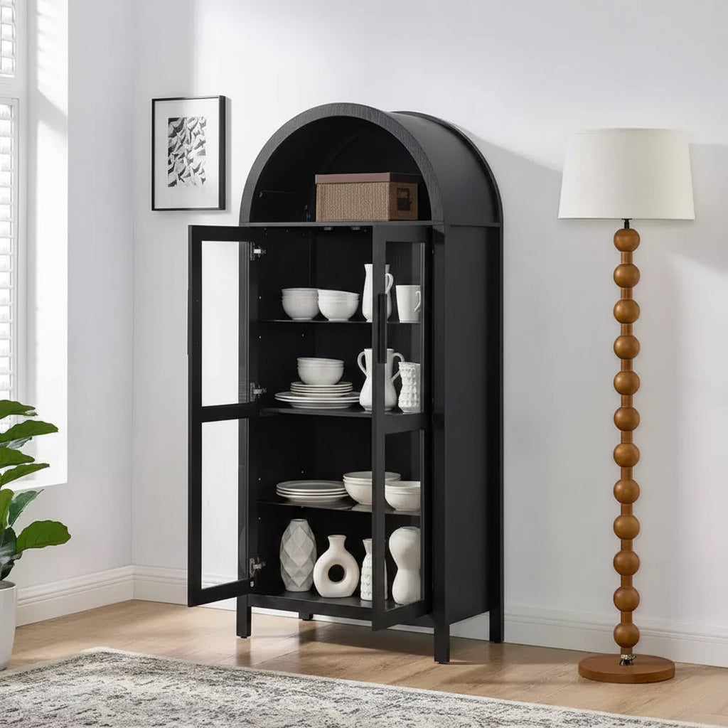 Mobile Contenitore ad Arco Alto con Lampada, Mobile Contenitore Moderno in Legno Stile Retrò con Divisori in Vetro Regolabili Nero
