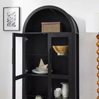 Mobile Contenitore ad Arco Alto con Lampada, Mobile Contenitore Moderno in Legno Stile Retrò con Divisori in Vetro Regolabili Nero