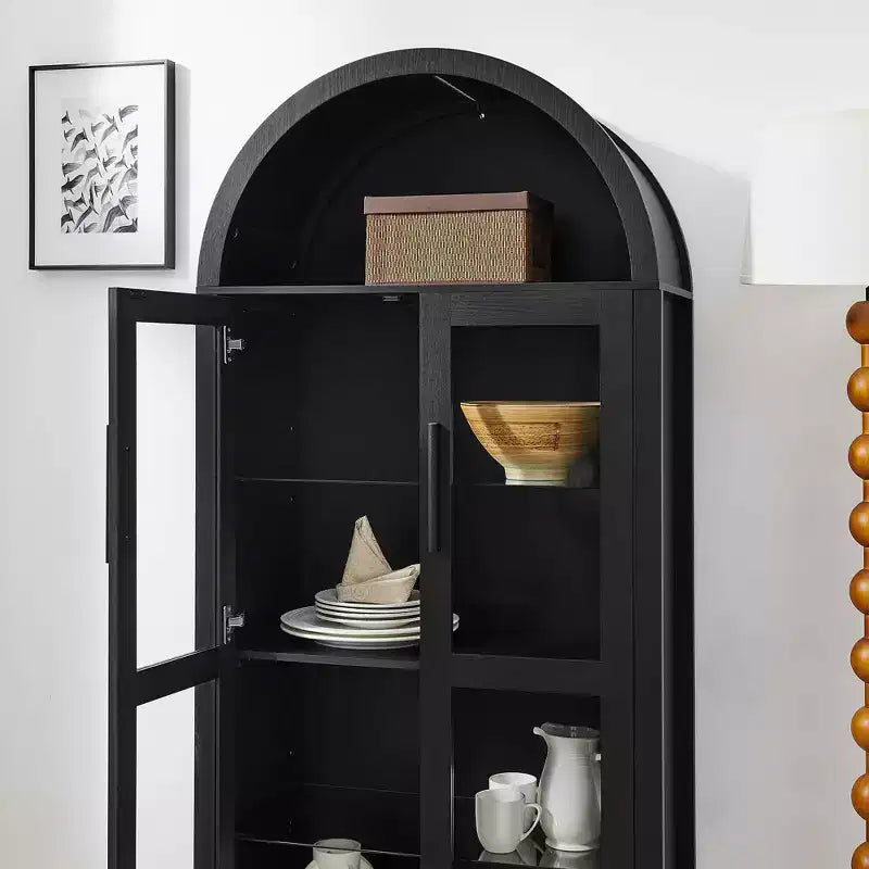 Mobile Contenitore ad Arco Alto con Lampada, Mobile Contenitore Moderno in Legno Stile Retrò con Divisori in Vetro Regolabili Nero